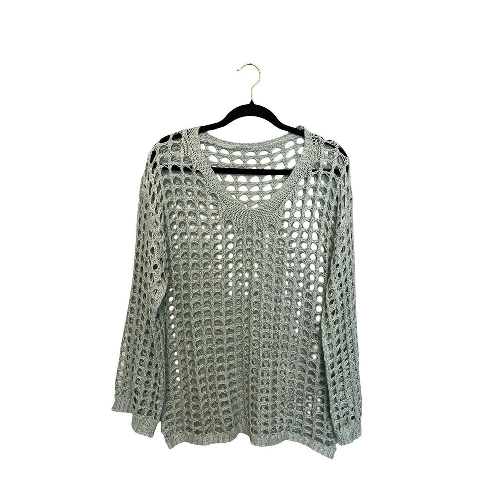 Mint Green Open Knit Crochet Sweater XL Beach Cover Up Boho Lightweight Top